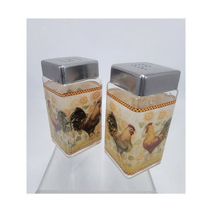 Vintage Retro Jennifer Grant Tuscan Rooster Glass Salt Pepper Shakers Metal Lids